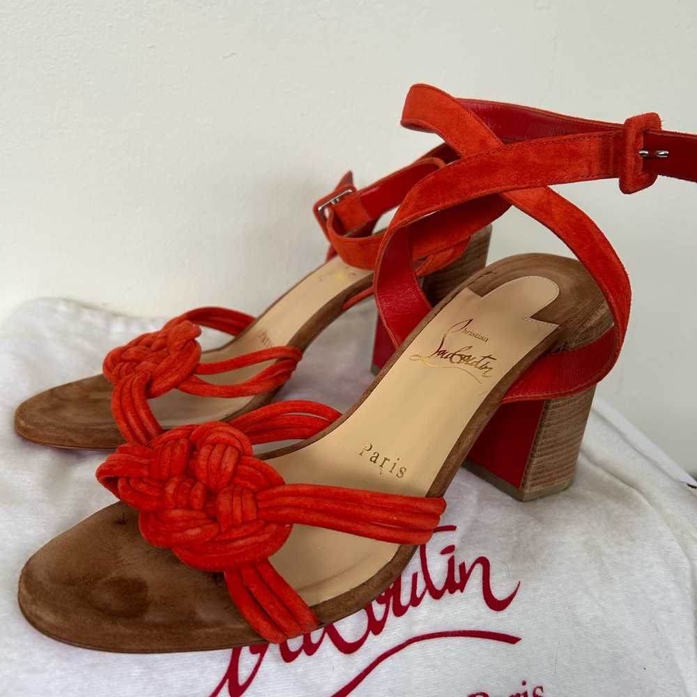 Christian Louboutin Red and Brown Heels with Bow Detail